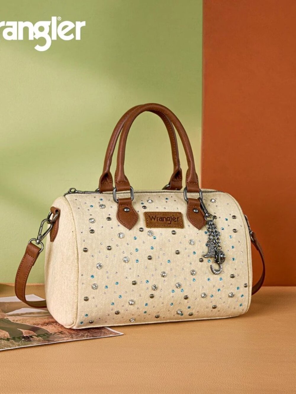 Wrangler Western Rhinestone Denim Boston Bag/Crossbody Tan